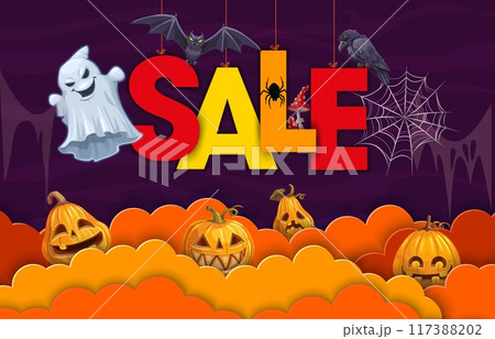 Halloween paper cut sale banner with cartoon horror pumpkins, ghost, bat and spider cobweb. Vector Halloween holiday sale special offer card of trick or treat scary monsters with papercut clouds 117388202