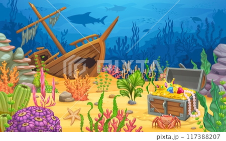 Underwater game landscape, sunken ship and treasure chest. Cartoon vector ocean world level, parallax background with shipwreck boat, pirate loot trunk, fish, coral reef, and seaweeds on sea bottom Underwater game landscape, sunken ship and treasure chest. Cartoon vector ocean world level, parallax background with shipwreck boat, pirate loot trunk, fish, coral reef, and seaweeds on sea bottom 117388207