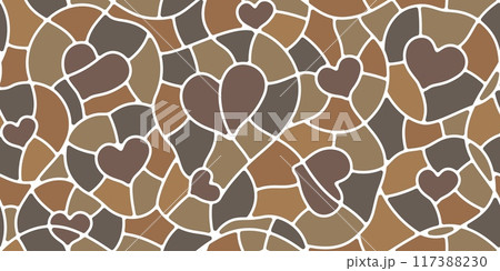 Brown mosaic stone splinter tile pattern, paving floor background. Vector backdrop with heart shapes and swirls with intricate curving patterns, mimicking natural whirl of pebbles, rocks or cobbles Brown mosaic stone splinter tile pattern, paving floor background. Vector backdrop with heart shapes and swirls with intricate curving patterns, mimicking natural whirl of pebbles, rocks or cobbles 117388230