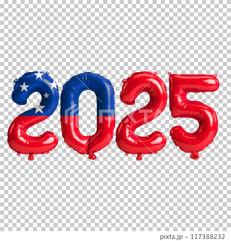 3D illustration of new year 2025 balloons on Samoa flag color, isolated on transparent background 117388232