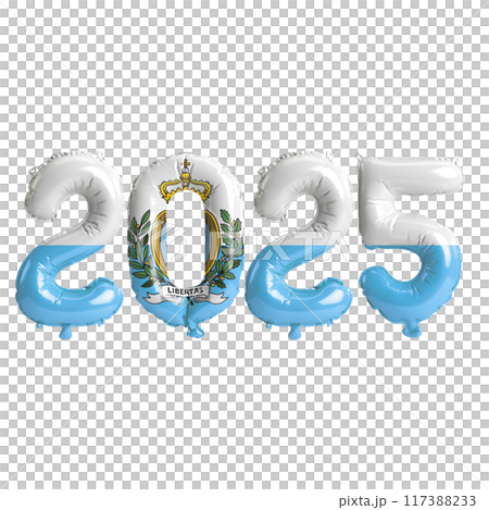 3D illustration of new year 2025 balloons on San Marino flag color, isolated on transparent background 117388233