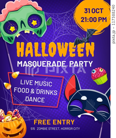 Halloween party flyer with holiday masks and candies bucket. October festive poster or banner, autumn horror party or fall season event vector flyer with Halloween zombie, bat and pumpkin monsters 117388240