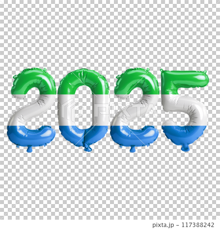 3D illustration of new year 2025 balloons on Sierra Leone flag color, isolated on transparent background 3D illustration of new year 2025 balloons on Sierra Leone flag color, isolated on transparent background 117388242