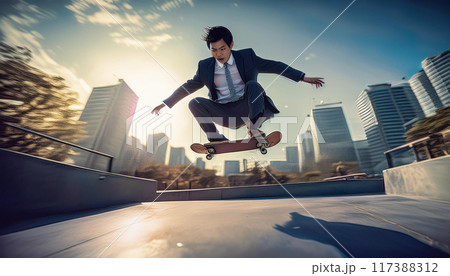 スケボーに乗るビジネスマン(AI生成画像) スケボーに乗るビジネスマン(AI生成画像) 117388312
