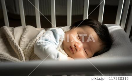 ベビーベッドで寝ている赤ちゃん(AI生成画像) ベビーベッドで寝ている赤ちゃん(AI生成画像) 117388313