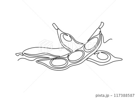 Continuous one line drawing of whole and peeled healthy organic green edamame for farm logo identity. Fresh Japanese pea concept for vegetable icon. Single line draw design vector graphic illustration 117388587