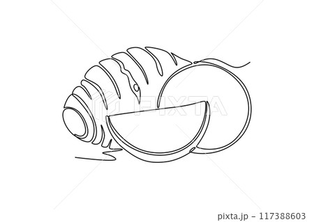 Single one line drawing of whole healthy organic taro for groceries logo identity. Fresh tropical plant edible corm concept root vegetable icon. Continuous line draw design graphic vector illustration 117388603
