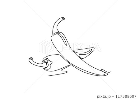 Single one line drawing whole healthy freshness organic hot chili for farm logo identity. Fresh chilli pepper concept for vegetable icon. Modern continuous line draw design graphic vector illustration Single one line drawing whole healthy freshness organic hot chili for farm logo identity. Fresh chilli pepper concept for vegetable icon. Modern continuous line draw design graphic vector illustration 117388607