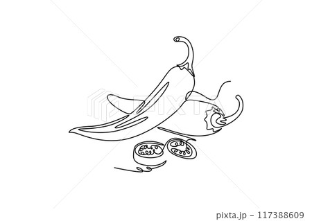 Single one line drawing of whole and sliced healthy organic hot chili for farming logo identity. Fresh chilli pepper concept for vegetable icon. continuous line draw design graphic vector illustration Single one line drawing of whole and sliced healthy organic hot chili for farming logo identity. Fresh chilli pepper concept for vegetable icon. continuous line draw design graphic vector illustration 117388609