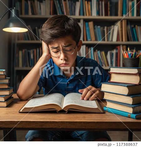 机で勉強している少年 117388637