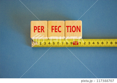 Perfection symbol. Concept word Perfection on beautiful wooden blocks. Beautiful blue background. Beautiful yellow ruler. Business perfection concept. Copy space. Perfection symbol. Concept word Perfection on beautiful wooden blocks. Beautiful blue background. Beautiful yellow ruler. Business perfection concept. Copy space. 117388707