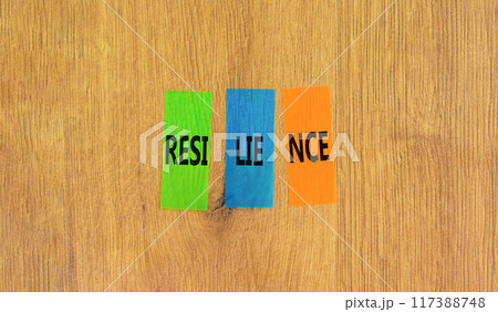 Resilience symbol. Concept word Resilience on beautiful colored paper. Beautiful wooden background. Business resilience concept. Copy space. Resilience symbol. Concept word Resilience on beautiful colored paper. Beautiful wooden background. Business resilience concept. Copy space. 117388748