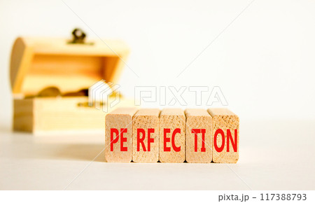 Perfection symbol. Concept word Perfection on beautiful wooden blocks. Beautiful white background. Beautiful wooden chest with coins. Business perfection concept. Copy space. Perfection symbol. Concept word Perfection on beautiful wooden blocks. Beautiful white background. Beautiful wooden chest with coins. Business perfection concept. Copy space. 117388793