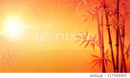 Illustration of bamboo stalks and leaves bathed in the golden light of a sunrise 117388903