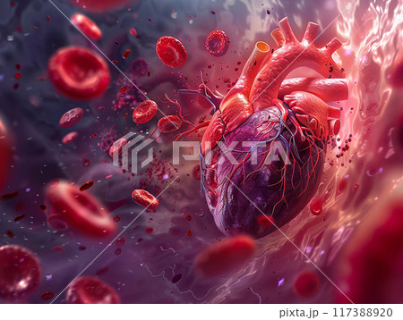 Illustration of a heart attack showing blocked arteries, blood clots, and heart muscle damage, 117388920