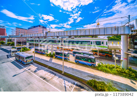 日本の鎌倉都市景観　湘南モノレール江の島線大船駅（画面右側）に入るモノレールなどを望む 117389042