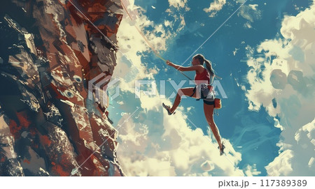The girl is a rock climber. Climbing lessons. 117389389