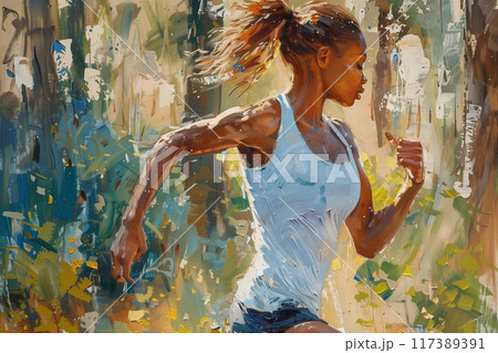 Running classes. Athletics. Running competition. A woman runs on a running track. 117389391