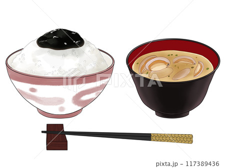 海苔の佃煮ご飯と味噌汁 箸付き 117389436