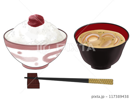 梅干しご飯と味噌汁　箸付き. 117389438