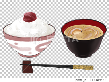 梅干しご飯と味噌汁　箸付き. 117389438