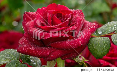 雨に濡れた赤いバラの花 117389638