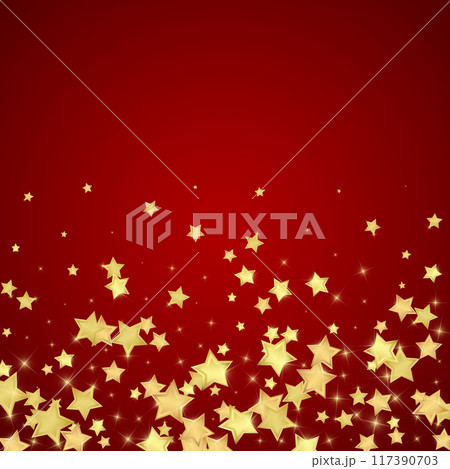 Magic stars vector overlay. Gold stars scattered around randomly, falling down, floating. Chaotic dreamy childish overlay template. on red background. 117390703