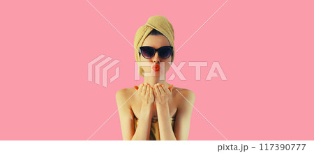 stylish beautiful woman with towel on her head having fun in trendy glasses on pink background stylish beautiful woman with towel on her head having fun in trendy glasses on pink background 117390777