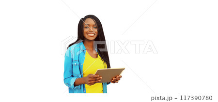 Portrait of happy smiling young african woman with tablet pc on white background 117390780