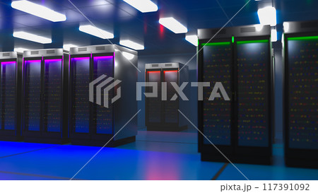 Server. Server data center. Backup, mining, hosting, mainframe, farm and computer rack with storage information. 3d rendering Server. Server data center. Backup, mining, hosting, mainframe, farm and computer rack with storage information. 3d rendering 117391092