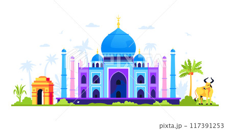 Taj Mahal panorama - modern colored vector illustration Taj Mahal panorama - modern colored vector illustration 117391253