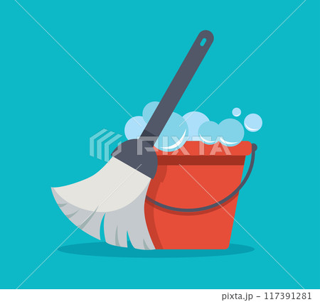 mop with red bucket. cleaning equipment mop with red bucket. cleaning equipment 117391281
