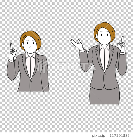 Illustration of a business person (female) introducing something with her index finger up Illustration of a business person (female) introducing something with her index finger up 117391885