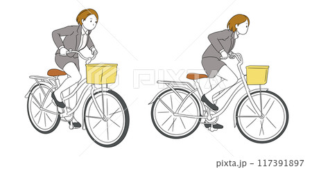 自転車で立ちこぎをしているビジネスパーソン（女性）イラスト素材 117391897