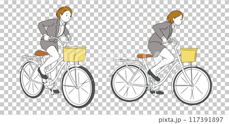 自転車で立ちこぎをしているビジネスパーソン（女性）イラスト素材 117391897