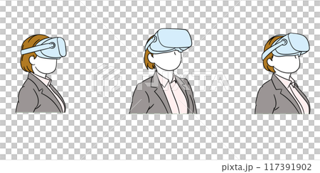 Illustration of a business person (female) wearing VR goggles 117391902