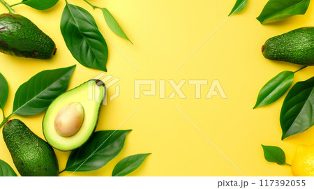 Overhead view of fresh avocado slices arranged on yellow background 117392055
