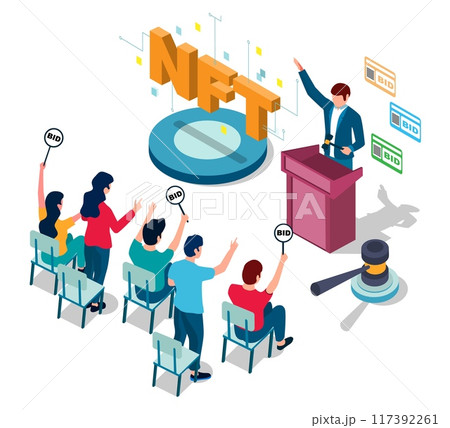 Seller and people audience at crypto market auction Seller and people audience at crypto market auction 117392261