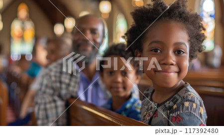 People at church service. Religious holiday. Church prayer.Black family in church. 117392480
