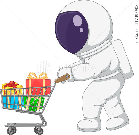 cartoon astronaut carrying gifts with a trolley 117392908
