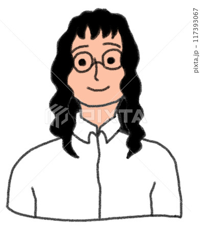 鉛筆画風の丸メガネと白シャツを着た人の上半身のイラスト 鉛筆画風の丸メガネと白シャツを着た人の上半身のイラスト 117393067
