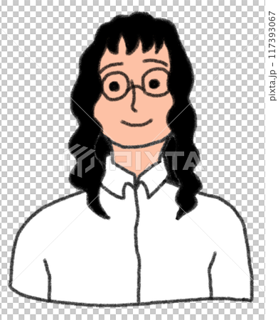 鉛筆画風の丸メガネと白シャツを着た人の上半身のイラスト 鉛筆画風の丸メガネと白シャツを着た人の上半身のイラスト 117393067