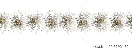 Pine Decorative Seamless Christmas Garland with Pinecones. Watercolor illustration of fir garland. Fir twigs, Pinecones. Evergreen border on isolated background. Festive repeat ornament for card. 117393170