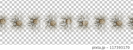 Pine Decorative Seamless Christmas Garland with Pinecones. Watercolor illustration of fir garland. Fir twigs, Pinecones. Evergreen border on isolated background. Festive repeat ornament for card. 117393170