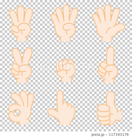 Vector illustrations of various hand signs. You can change the line width of the vector data. 117393176