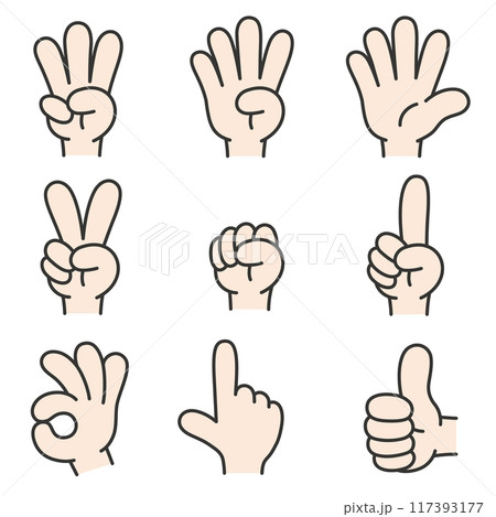 さまざまなハンドサインのベクターイラスト。ベクターデータは輪郭線の線幅を変更できます。 さまざまなハンドサインのベクターイラスト。ベクターデータは輪郭線の線幅を変更できます。 117393177