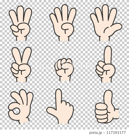 さまざまなハンドサインのベクターイラスト。ベクターデータは輪郭線の線幅を変更できます。 さまざまなハンドサインのベクターイラスト。ベクターデータは輪郭線の線幅を変更できます。 117393177