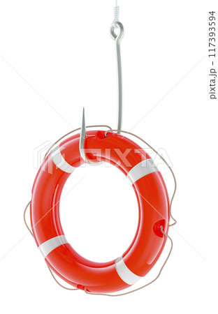 Lifebuoy on fishing hook, 3D rendering Lifebuoy on fishing hook, 3D rendering 117393594