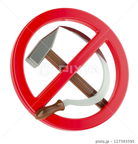 No communism, concept. Prohibition sign with hammer and sickle, 3D rendering No communism, concept. Prohibition sign with hammer and sickle, 3D rendering 117393595