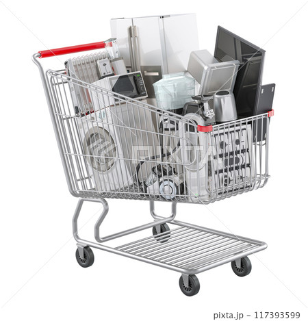 Shopping cart with kitchen and home appliance, 3D rendering 117393599